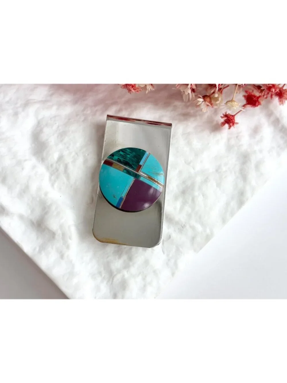Natural Stone Inlaid Southwest Vintage Stainless Steel Money Clip